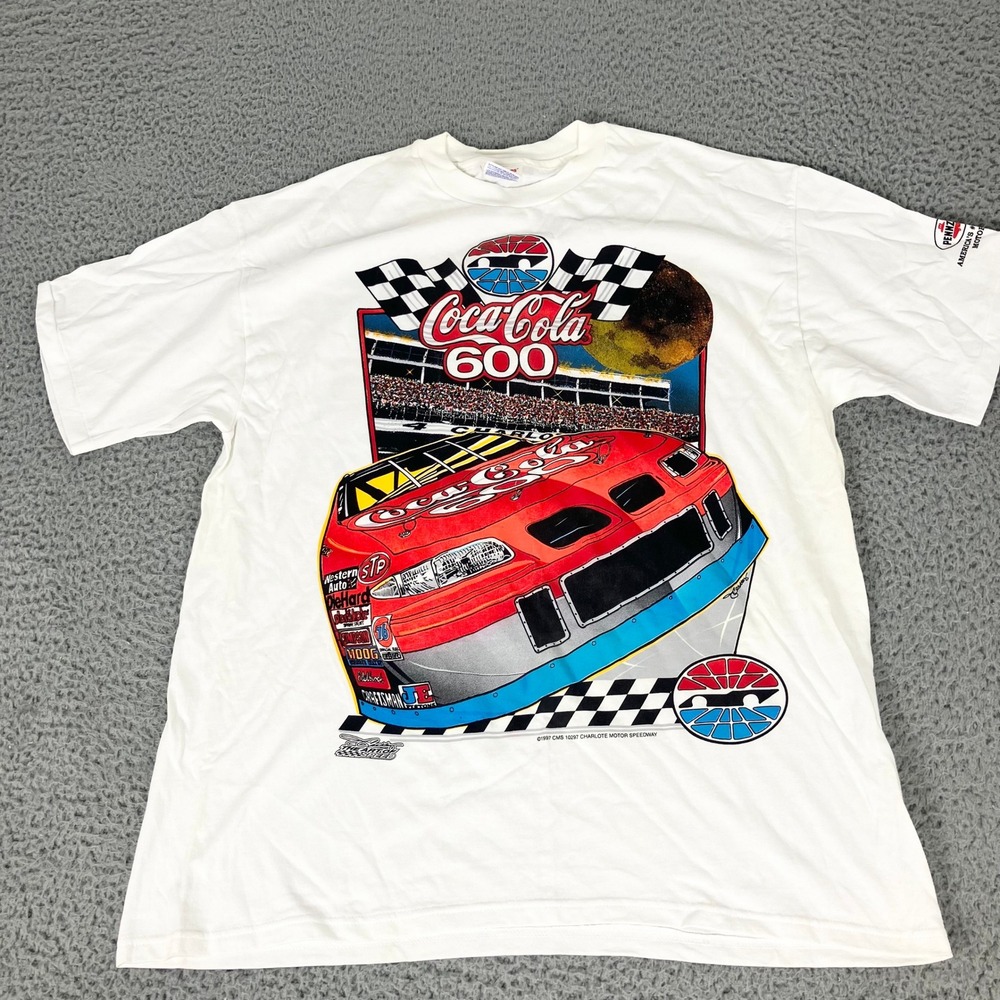 Vintage Coca-Cola 600 NASCAR  Shirt Mens XL White 1997 Racing Graphic Tee